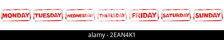 Cadre de pochoir rouge : lundi, mardi, mercredi, jeudi, vendredi, samedi, dimanche Banque D'Images