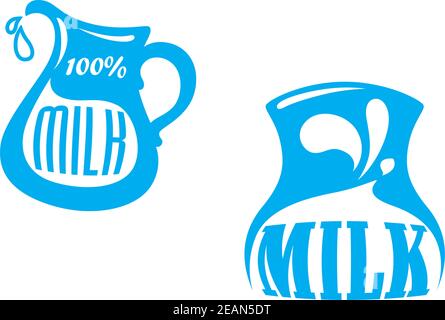 Symbole de lait ou logo avec pot et texte – lait à 100 %, couleur bleue isolée sur fond blanc, convient pour les boissons et le design agricole Illustration de Vecteur
