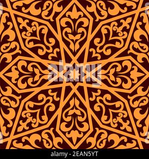 Motif islamique ou arabe de couleur orange sans couture avec éléments de décoration isolée sur couleur marron en format horizontal Illustration de Vecteur