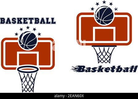 Symboles et emblèmes de basket-ball avec fond de panier et ballon volant Illustration de Vecteur