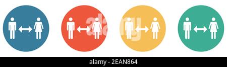 Bannière colorée avec 4 boutons : distance entre deux personnes - distance sociale Banque D'Images