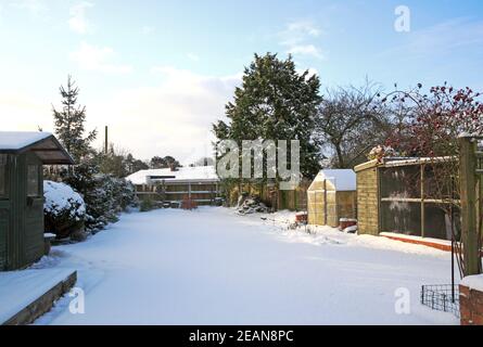 Un jardin arrière anglais après une nuit de neige avec soleil tôt le matin à Hellesdon, Norfolk, Angleterre, Royaume-Uni. Banque D'Images