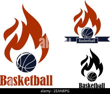 Emblèmes de sport de basket-ball avec ballon de basket-ball, bannière de ruban, feu et texte basket-ball, adapté pour les symboles sportifs ou le design de logo Illustration de Vecteur