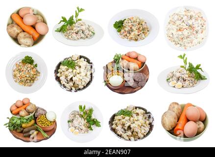 Ensemble de salades russes Olivier et ses ingrédients Banque D'Images