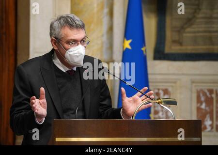 Rome, Italie. 10 février 2021. Crise gouvernementale consultations de Draghi avec les partenaires sociaux pour la formation du nouveau gouvernement dans la photo MAURIZIO LANDINI CGIL usage éditorial seulement crédit: Agence de photo indépendante / Alamy Live News Banque D'Images