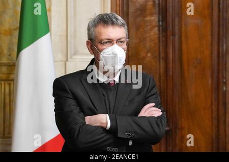 Rome, Italie. 10 février 2021. Crise gouvernementale consultations de Draghi avec les partenaires sociaux pour la formation du nouveau gouvernement dans la photo MAURIZIO LANDINI CGIL usage éditorial seulement crédit: Agence de photo indépendante / Alamy Live News Banque D'Images