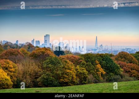 Woodland on Hampstead Heath en automne, et City of London Financial district Skyline, Highgate, Londres, Angleterre, Royaume-Uni, Europe Banque D'Images