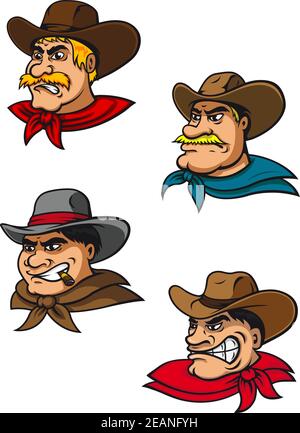 Personnages de cow-boys brutaux de l'Ouest pour la mascotte, l'agriculture ou la conception de bandes dessinées Illustration de Vecteur