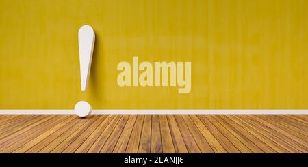 Point d'exclamation blanc sur parquet et mur en béton jaune Concept d'avertissement d'illustration 3D Banque D'Images