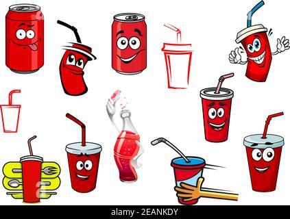 Ensemble de boissons, tasses et bouteilles de cola et de soda de dessin animé pour la restauration rapide, les boissons et les boissons Illustration de Vecteur