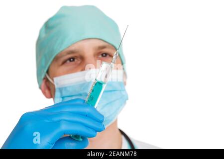 Vaccin contre le coronavirus Corona virus seringue médecin COVID-19 Covid isolé on blanc Banque D'Images