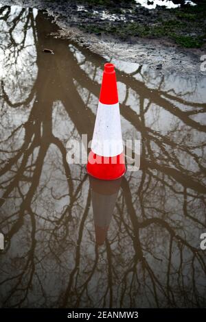 Février à Hackney. Cône de signalisation grand sol avec reflet de l'arbre. Banque D'Images