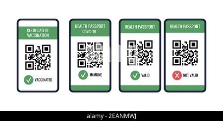 Passeport sanitaire de vaccination sur écran de téléphone portable avec code qr définir Illustration de Vecteur