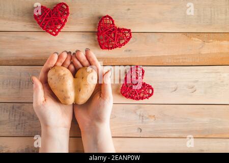 Pommes de terre en forme de coeur dans les mains sur fond de bois. Concept de la Saint-Valentin. Légumes laids. Banque D'Images