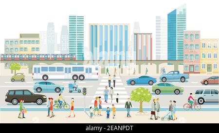 Ville avec circulation routière, gratte-ciel, immeubles d'appartements et piétons sur le trottoir, illustration Banque D'Images