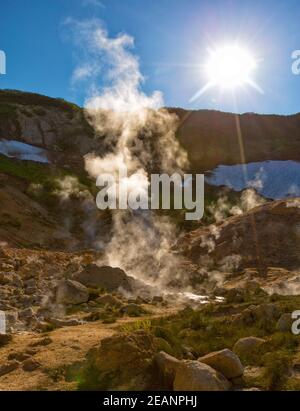 Les geysers sur le volcan Mutnovsky à Kamchatka, Russie Banque D'Images