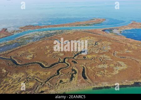 Vue aérienne de la lagune de Venise, des canaux et des méandres, Venise, Vénétie, Italie, Europe Banque D'Images