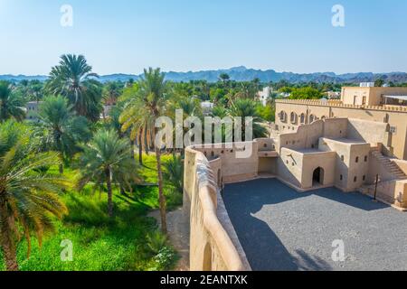 Oasis luxuriante entourant la forteresse de Nizwa en Oman. Banque D'Images