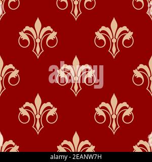 Fleurs élégantes sans couture motif fleur de lis or royal avec motif de style ancien, fleurs jaunes sur fond rouge. Convient pour le papier peint, les carreaux Illustration de Vecteur