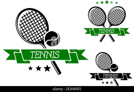 Grand emblème sportif de tennis avec raquettes, balle et ruban vert isolé sur blanc, pour le club de sport, tournoi ou logo Illustration de Vecteur