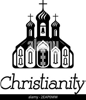 Silhouette christian Temple icône avec la façade avant, les fenêtres et le texte - Christianisme - en dessous, dessin isolé sur fond blanc Illustration de Vecteur