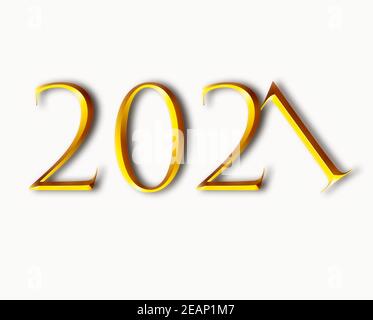 Nouveau concept de création de l'année 2021 - image 3D rendue Texte doré 2021 numéro un tombant sur fond blanc Banque D'Images