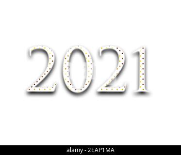 Modèle de la nouvelle année 2021. Design pour bannière, cartes de vœux, brochure ou impression. Illustration. Isolé sur fond blanc. 2021 avec des points dorés Banque D'Images