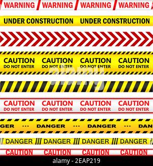 Rubans d'avertissement de sécurité jaunes avec texte Avertissement, en construction, attention, ne pas entrer, danger. Pour le web, la police, le détective, le criminel et le droit desig Illustration de Vecteur