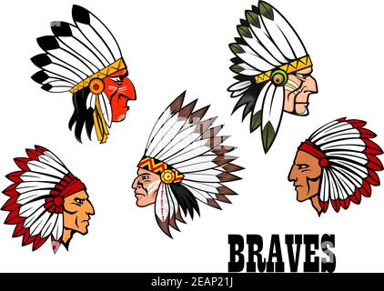 Сolorful bande dessinée amérindienne braves têtes portant des headdresses de plumes, vue latérale en profil et texte Braves. Pour l'histoire américaine, ethni Illustration de Vecteur