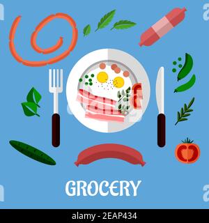 Petit-déjeuner cuisiné avec des œufs frits et du bacon servi sur une assiette avec des couverts entourés d'une variété d'articles d'épicerie et le mot « Grocery ». Conception plate Illustration de Vecteur