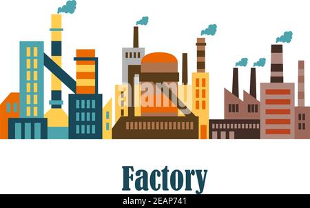 Bâtiments d'usine et de plantes icônes plates colorées, pour le design industriel et écologique Illustration de Vecteur