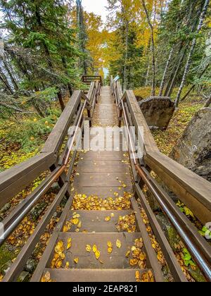 Long escalier en bois au parc national du phare de Split Rock à Minnesota Banque D'Images