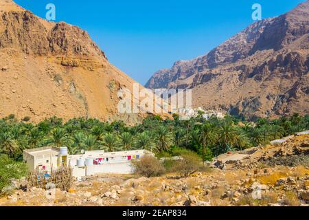 Vue aérienne d'un village entouré d'une forêt de palmiers dans le Wadi Tiwi en Oman. Banque D'Images