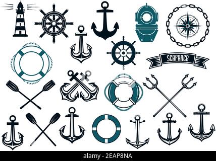 Éléments de design sur le thème nautique avec phare, corde, ancre, pagaie, bouée de sauvetage, trident, volant et casque de plongée Illustration de Vecteur