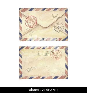Aquarelle ancienne poste isolée sur fond blanc de style vintage avec des enveloppes de poste dessinées à la main et des timbres. Aquarelle dessinée à la main i Banque D'Images