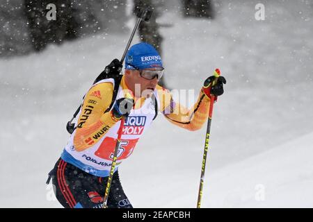 Pokljuka, Slovénie. 10 février 2021. Biathlon: Coupe du monde/ Championnat du monde, relais mixte. Erik Lesser d'Allemagne en action. Credit: Sven Hoppe/dpa/Alay Live News Banque D'Images