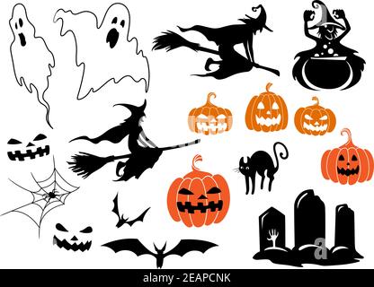 Personnages et éléments de design sur le thème d'Halloween avec fantômes, citrouilles, chauves-souris, chat, araignée, sorcière Illustration de Vecteur