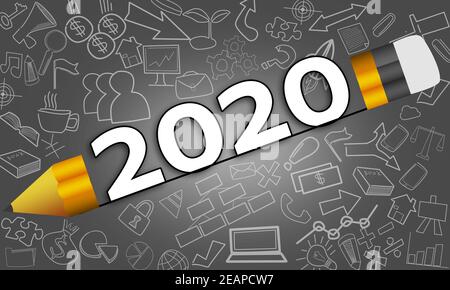 Nouvel an 2020 entre crayon, concept de planification d'entreprise Banque D'Images