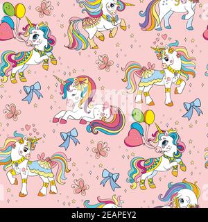 Adorables licornes de fête avec des arcs, des ballons et des étoiles. Motif vectoriel sans couture sur fond rose. Illustration pour fête, impression, douche de bébé, papier peint, Illustration de Vecteur