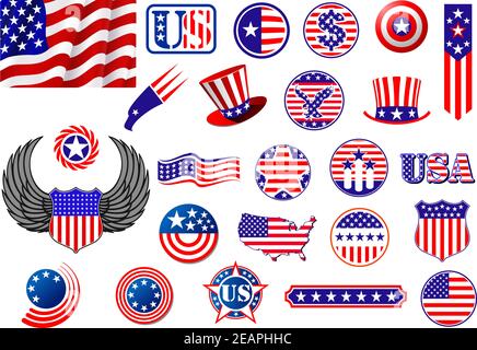 Badges patriotiques américains, symboles et étiquettes décorés d'étoiles et de rayures montrant un drapeau, un aigle, une carte, un bouclier, des ailes, une bannière, une étoile et une variété Illustration de Vecteur