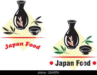 Pichet et bol de saké japonais avec emblème de cuisine gastronomique et isolé sur fond blanc pour la cuisine gastronomique, la gastronomie et la conception du menu du restaurant Illustration de Vecteur