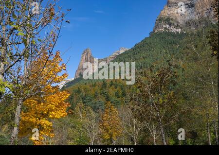 Montaña de Ordesa y Monte Perdido Parc National en face des arbres au coucher du soleil, dans les Pyrénées aragonaises, situé à Huesca, Espagne. Vue Banque D'Images