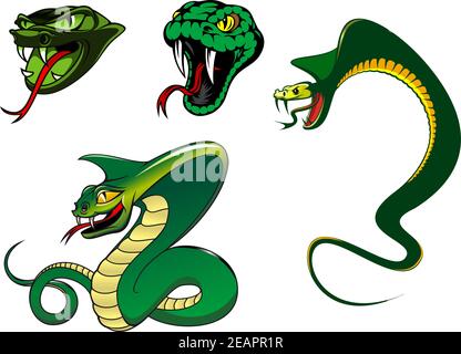 Personnages de serpent en colère de dessin animé vert pour le motif animal, tatouage et mascotte Illustration de Vecteur