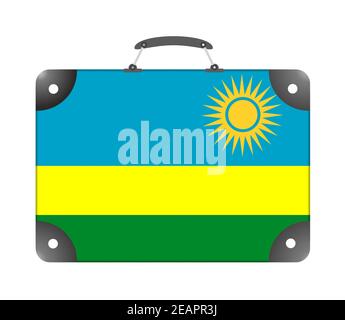 Drapeau du Rwanda sous forme de valise de voyage sur fond blanc Banque D'Images