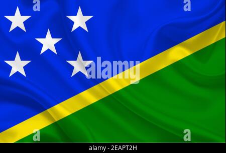 Drapeau du pays des îles Salomon sur fond de tissu de soie ondulée panorama Banque D'Images