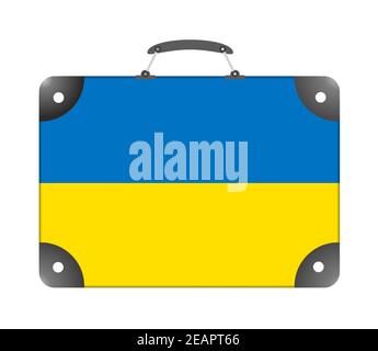 Drapeau de l'Ukraine sous forme de valise de voyage sur un arrière-plan blanc Banque D'Images