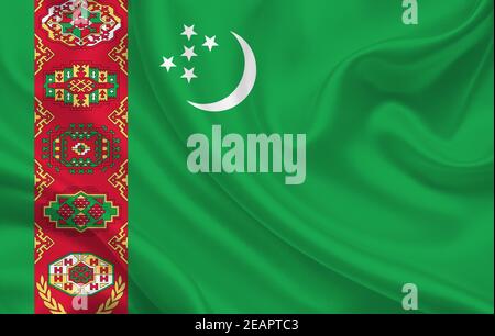 Drapeau du Turkménistan sur toile de fond ondulée de soie panorama Banque D'Images