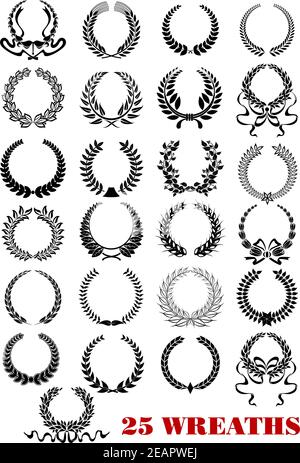 Couronnes de Laurier rondes représentant des icônes héraldiques avec rubans et branches pour des motifs tels que l'héraldique, les récompenses et les anniversaires Illustration de Vecteur