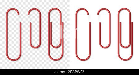 Ensemble vectoriel de trombone rouge métallique réaliste sur fond blanc et transparent. Trombones en plastique avec ombre molle. Modèle 3D pour votre conception Illustration de Vecteur