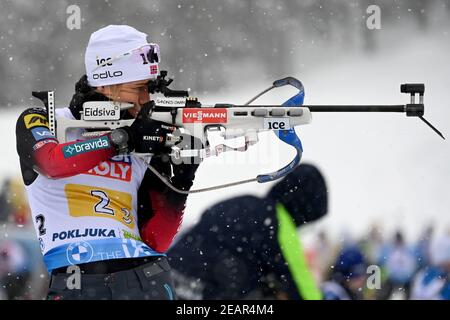 Pokljuka, Slovénie. 10 février 2021. Biathlon: Coupe du monde/ Championnat du monde, Relais mixte. Tiril Eckhoff de Norvège en action. Credit: Sven Hoppe/dpa/Alay Live News Banque D'Images